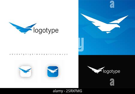 Logo Eagle silhouette con ali geometriche e affilate che simboleggiano forza, velocità, libertà e leadership. Ideale per aviazione, sicurezza, tecnologia Illustrazione Vettoriale