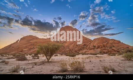 Spizkoppe in retroluce di un tramonto con alcune nuvole e un cespuglio in primo piano, Namibia, Africa. Foto Stock