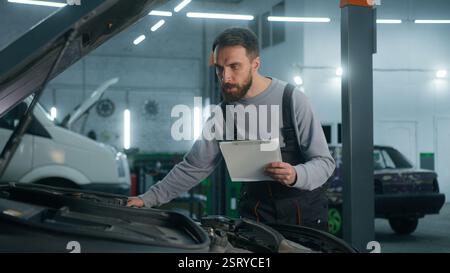 Specialista di meccanica di auto caucasica man che controlla il motore con cofano aperto scrivere lista di controllo in officina tecnico maschio di servizio di auto controllare la diagnostica del veicolo Foto Stock