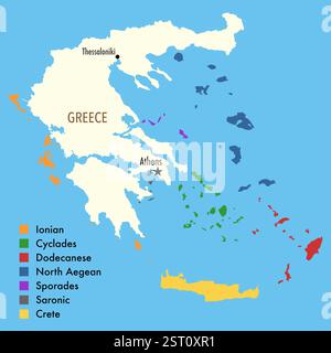 Mappa della Grecia evidenziando gruppi di isole con colori - Infografica Foto Stock