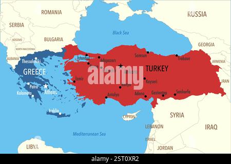 Mappa della Grecia e della Turchia (Turkiye) con capitali, grandi città e paesi vicini Foto Stock