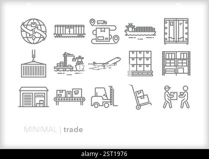 Insieme di icone commerciali internazionali e globali che rappresentano la spedizione, il commercio e le merci nel trasporto Illustrazione Vettoriale