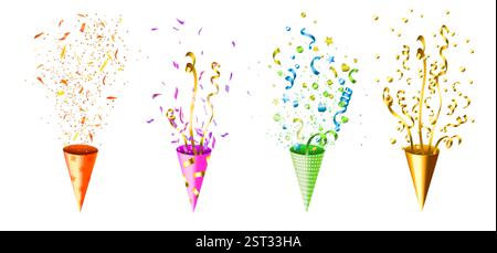 Set di papaveri per coriandoli da festa - contenitori di carta con nastri, rastrellieri e puntini. Dispositivi per festeggiare che emettono elementi decorativi colorati per compleanni e feste. Illustrazione Vettoriale