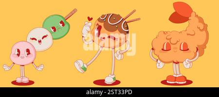 Mascotte di cibo giapponese retrò - pila di dango colorato, mochi decorati con l'occhiolino, simpatici gamberetti tempura. Personalizzazione della cucina Kawaii con volti espressivi per il marchio di ristoranti asiatici. Illustrazione Vettoriale