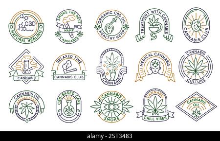 Set di 15 icone con logo di Cannabis e CBD Illustrazione Vettoriale