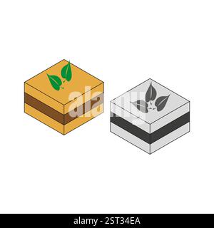 Dolce torta a strati. Prodotti da forno biologici. Strati di spugna al cioccolato. Foglia verde naturale. Illustrazione Vettoriale