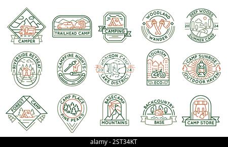 Set di 15 icone con logo Camping and Outdoor Adventure Illustrazione Vettoriale