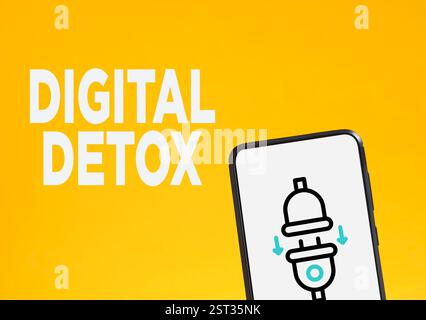 Concetto di detox digitale. Sullo smartphone viene visualizzata l'icona del caricabatteria scollegato su sfondo giallo con detox digitale scritto Foto Stock