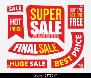 Set di etichette di vendita per la promozione e il marketing aziendale. super vendita, vendita finale e a caldo, banner miglior prezzo, modello, poster. Logo sconto Illustrazione Vettoriale