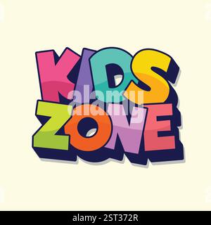 Logo della zona per bambini con colorato carattere cartoni animati per l'area giochi per bambini o la sala giochi. Illustrazione vettoriale delle lettere a bolla modificabili nella sala giochi e divertimento Illustrazione Vettoriale