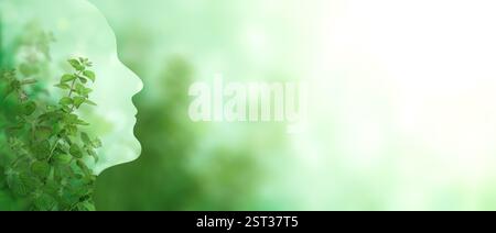 Striscione orizzontale con profilo umano fatto di foglie verdi. Sviluppo sostenibile di un approccio strategico a zero rifiuti, consumo responsabile. Riutilizzo, Foto Stock