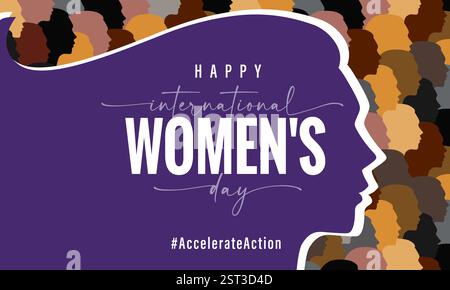 Happy International Womens Day - accelera l'azione, striscione con silhouette di volti da donna. Biglietto d'auguri per l'8 marzo con sagoma sagomata Illustrazione Vettoriale