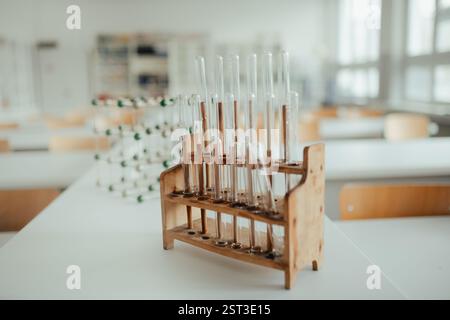 Kit di provette da laboratorio in stativo di legno. Laboratorio scientifico, classe. Foto Stock