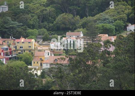 Palazzo pena, Sintra: Un maestoso castello da favola arroccato su una collina, i suoi colori vibranti contrastano drammaticamente con la lussureggiante greene circostante Foto Stock