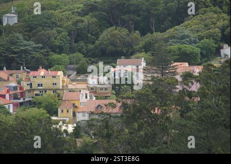 Palazzo pena, Sintra: Un maestoso castello da favola arroccato su una collina, i suoi colori vibranti contrastano drammaticamente con la lussureggiante greene circostante Foto Stock