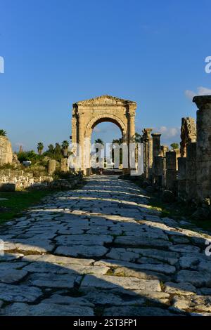 Rovine dell'Arco di Adriano del II secolo d.C., situato nella Necropoli di Tiro al-Bass, Patrimonio dell'Umanità a Tiro, Governatorato del Sud, Libano Foto Stock