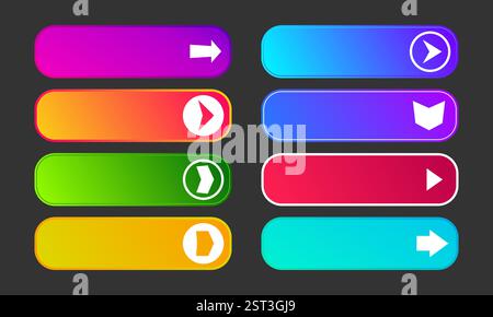 Pulsanti colorati per sfumature con frecce. Set di otto moderni pulsanti Web astratti. Illustrazione vettoriale Illustrazione Vettoriale