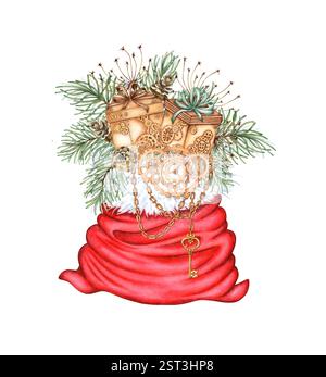 Borsa di Babbo Natale rossa con rami di Fir, erba, regali, catene e ingranaggi, steampunk, illustrazione acquerello. Natale, Capodanno isolato dal backgroun Foto Stock