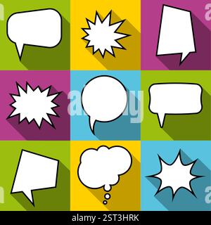 Set di nove fumetti fumettistici fumettistici con fumetti in stile piatto. Elementi dei fumetti di design senza frasi. Illustrazione vettoriale Illustrazione Vettoriale