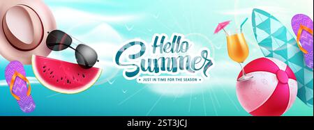 Buongiorno sfondo vettoriale estivo. Hello Summer text con coloratissimi elementi da spiaggia per le vacanze. Illustrazione vettoriale saluto estivo Illustrazione Vettoriale