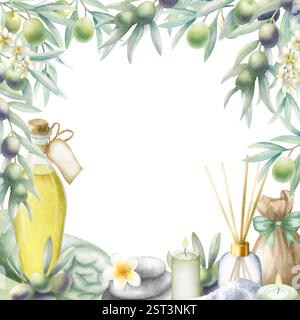 Olio d'oliva e rami, sacco con sale marino, candele, ciottoli, asciugamano, diffusore di aroma e fiore plumeria. Cornice quadrata isolata ad acquerello disegnata a mano con spazio copia di cosmetici per il design spa. Foto Stock