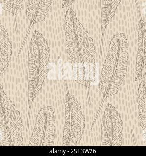 Motivo monocromatico beige banana senza cuciture. Vegetazione beige della giungla sfondo infinito. Ornamento continuo retrò. Design con motivo di superficie tropicale m Illustrazione Vettoriale
