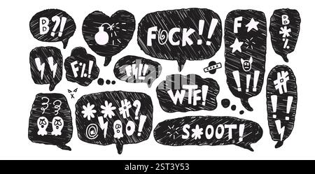 Bolle di voce con parole giurate. Testo per i doodle del pastello maledetto. Espressione negativa. Parole d'ordine aggressive isolate su sfondo bianco. Vettore disegnato a mano Illustrazione Vettoriale