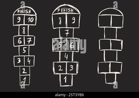 Hopscotch giochi gesso disegnato set isolato su sfondo scuro. Parco giochi per bambini, animazione all'aperto. Pastello a cera vettoriale colorato illustratore scritto a mano Illustrazione Vettoriale