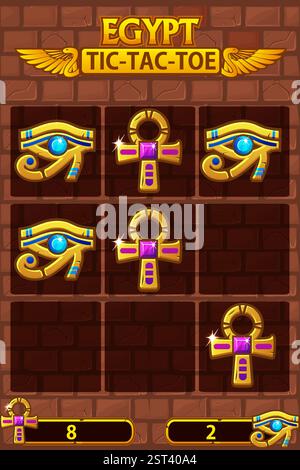 TIC TAC TOE UI in tema egiziano. Gioco di logica da tavolo per l'interfaccia utente di sviluppo del gioco. Gioco di strategia vettoriale noughts e crosses Illustrazione Vettoriale