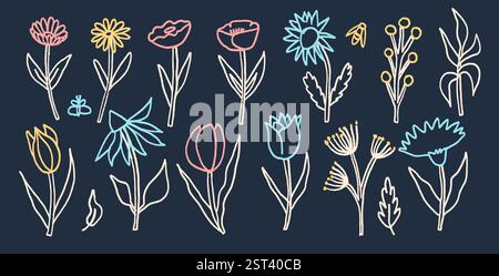 Fiori e foglie di gesso disegnati sulla lavagna scolastica. Elementi floreali estivi per bambini. Stile pastello a forma di bambino. Illustrazione della matita ingenua vettoriale attivata Illustrazione Vettoriale