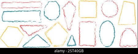 Set di forme geometriche per bambini con pennello. Caselle di testo colorate confezioni di cornici sottili. Figure con bordi arrotondati e quadrati. Virgolette disegnate a mano vettoriali Illustrazione Vettoriale