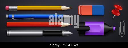 Set di realistiche matite 3D, penne a sfera, pennarelli, gomma, graffette isolate su sfondo scuro come oggetti scolastici. Illustrazione vettoriale Illustrazione Vettoriale