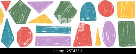 Set di forme geometriche per bambini. Caselle di testo cornici testurizzate. Figure per bambini arrotondate e quadrate. Forme degli adesivi per preventivi disegnati a mano vettoriali. grunge geomet Illustrazione Vettoriale