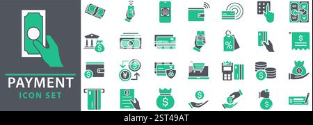 Set di icone di pagamento. Denaro contante, monete in mano, carta di credito, portafoglio, assegno bancario, pagamento senza contanti, ricevuta, illustrazione vettoriale di acquisto senza contatto. Illustrazione Vettoriale