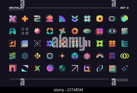 Set di 50 forme geometriche astratte con colori sfumati brillanti. Minimalista, brutalista, Y2K, simboli techno, logomark e icone isolate sul nero. Grafico vettoriale EPS10. Illustrazione Vettoriale