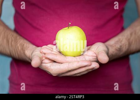 La mano dell'uomo ha un concetto di mela, snack e fast food. Messa a fuoco selettiva con sfondo sfocato e spazio di copia Foto Stock