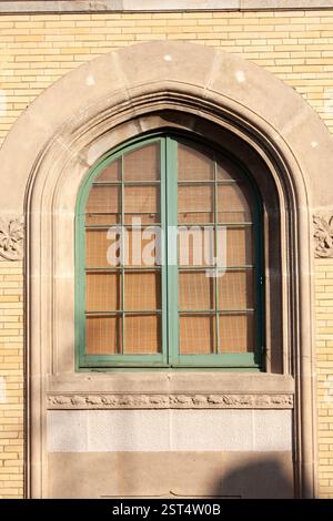 Finestra ad arco con riquadri divisi e rivestimento verde. Stile architettonico classico, edificio d'epoca e uno scorcio di persiane interne. Foto Stock