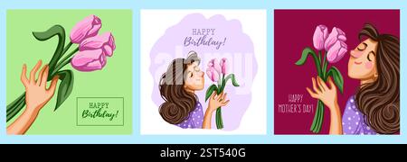 Set di modelli di biglietti d'auguri per i biglietti per la festa della mamma e per il compleanno . Illustrazione vettoriale Illustrazione Vettoriale