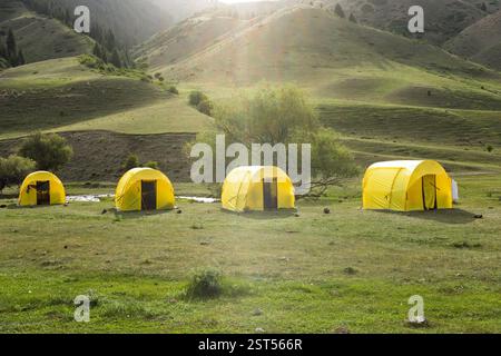 Tende gialle da campeggio nella pittoresca valle di montagna sotto la luce del sole, circondate da verdi colline e natura Foto Stock