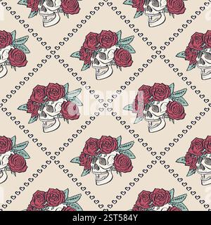 Motivo senza cuciture con teschi umani disegnati a mano in ghirlanda di fiori di rosa all'interno di un traliccio Illustrazione Vettoriale