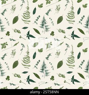 Motivo senza cuciture con foglie verdi essiccate e fiori su sfondo bianco Illustrazione Vettoriale