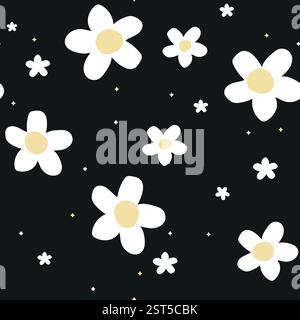 Daisies and circles Design in tessuto senza cuciture sfondo nero Illustrazione Vettoriale