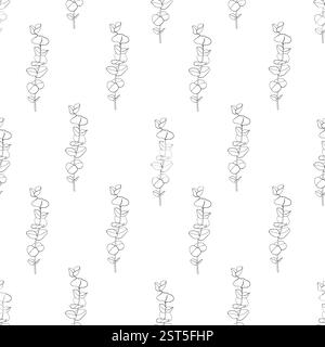 Pattern di eucalipto senza cuciture. Illustrazione dei rami disegnati a mano in inchiostri neri verniciati monocromatici. Stampa di profili per tessuto, tessuto, carta da parati Illustrazione Vettoriale