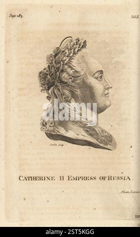 Busto in profilo di Caterina II, Caterina la grande, imperatrice di Russia, 1729-1796. Nella corona di alloro. Bontà e dignità espresse negli occhi, nella forma del viso e della fronte. Incisione Copperplate di John Barlow dal Rev. Johann Kaspar Lavater e The Whole Works of Lavater on Physiognomy di John Grenville, W. Butters, W. Simmonds, Londra, 1797. Foto Stock