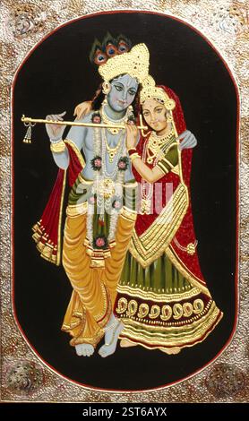 Pittura di dio krishna e del suo più grande devoto radha, india Foto Stock