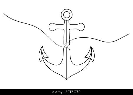 Disegno continuo su una linea di Beautiful Ship Anchor per l'identità del logo dell'azienda con illustrazione vettoriale. Illustrazione Vettoriale