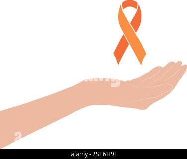 Una mano che regge un nastro arancione su uno sfondo bianco con spazio per la copia Illustrazione Vettoriale