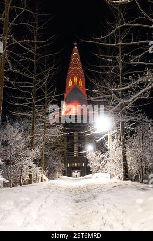 Una scena notturna invernale della chiesa di Hallgrímskirkja a Reykjavik, Islanda, che si illumina di rosso attraverso un sentiero innevato fiancheggiato da alberi ricoperti di gelo. Foto Stock