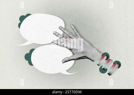 Modello di schizzo di tendenza poster collage fotografico 3D di mano che mostra casella di testo chattare messaggi di testo bolla di comunicazione dialogo conversazione sms Foto Stock