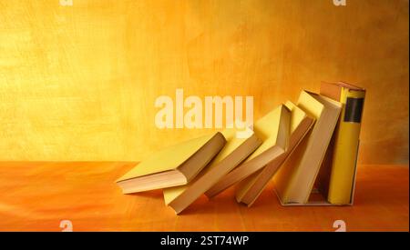 Fila di libri gialli su sfondo giallo grungy, lettura, apprendimento, istruzione o concetto di home Office Foto Stock